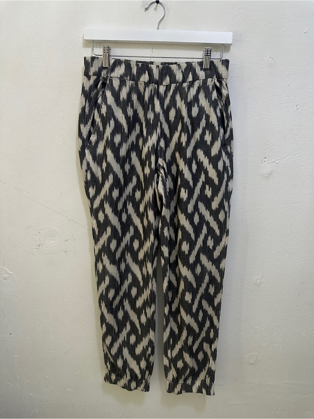 J.Crew Women’s S Ikat Print Pull-On Pants Linen Blend Black Cream Elastic Waist